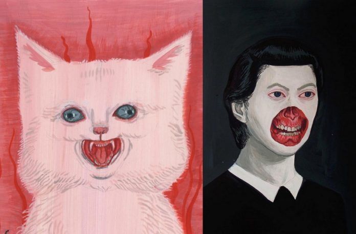 Obraz przedstawiający diabelskiego kota i dziewczynkę bez fragmentu skóry na ustach