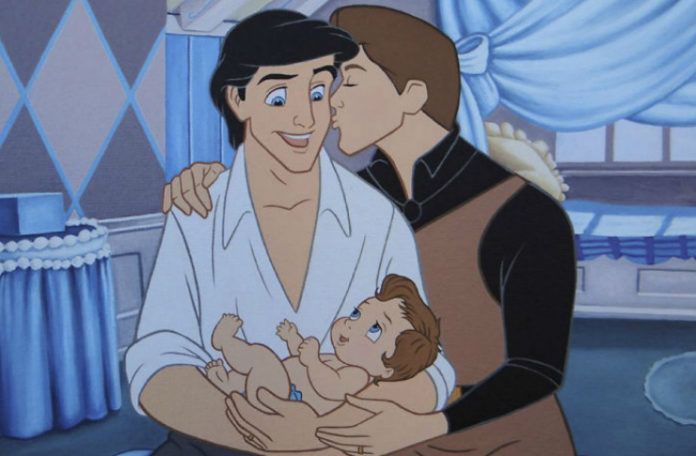 Rysunek przedstawiający parę całujących sie mężczyzn z dzieckiem na ręku