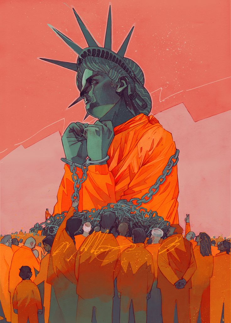 Na ilustracji widzimy na pomaranczowym tle duza statue wolnosci ubrana w pomaranczowy mundurek wiezienny jej rece sa w kajdankach wokol statuy wolnosci zebral sie tlum wiezniow w identycznych mundurach