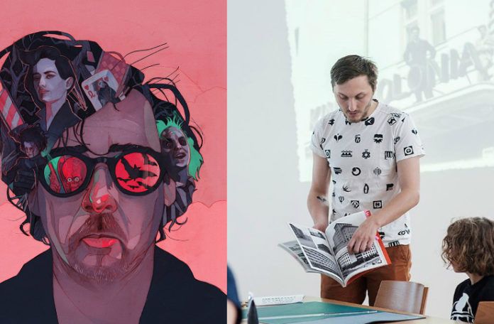 Na ilustracji widzimy postac Tima Burtona na jego wlosach oraz okularach widnieja postaci z filmow ktore stworzyl