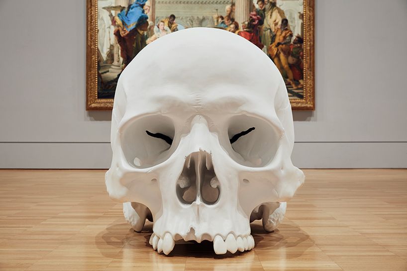 1,5 - metrowa czaszka ujęta z przodu, stojąca na podłodze. W tle widać ścianę i obraz wiszący na scianie galerii.