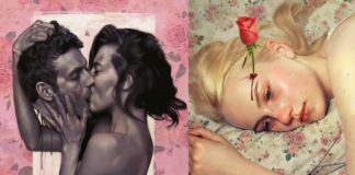 Dwie surrealistyczne fotografie: na pierwszej kobieta całuję odciętą głowę mężczyzny, na drugiej, dziewczyna ma przebitą skroń rożą