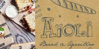 Kartka reklamująca nowe Aioli i jedzenie na stole