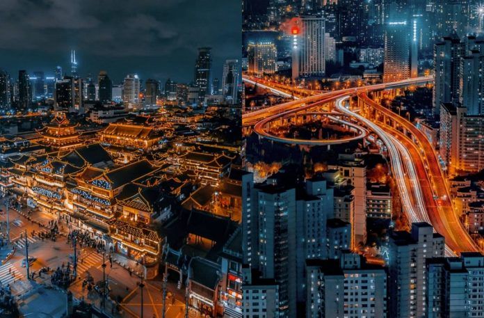 Dwa zdjęcia panoramy miasta nocą