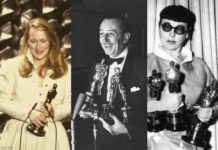 Trzy osoby trzymające w dłoniach statuetki Oscarów