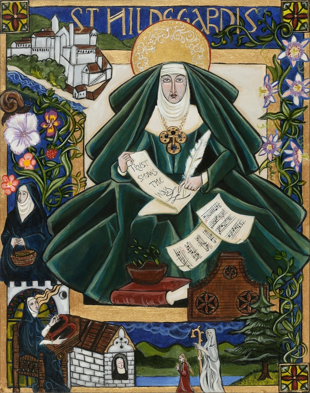 Ilustracja przedstawiająca zakonnicę w obszernej zielonej szacie i nimbem nad głową z zapisanymi kartkami papieru w dłoniach. Wokół niej ilustracja budowli, innych zakonnic, drzewa, ornamenty kwiatowej i napis "St. Hildegardis".