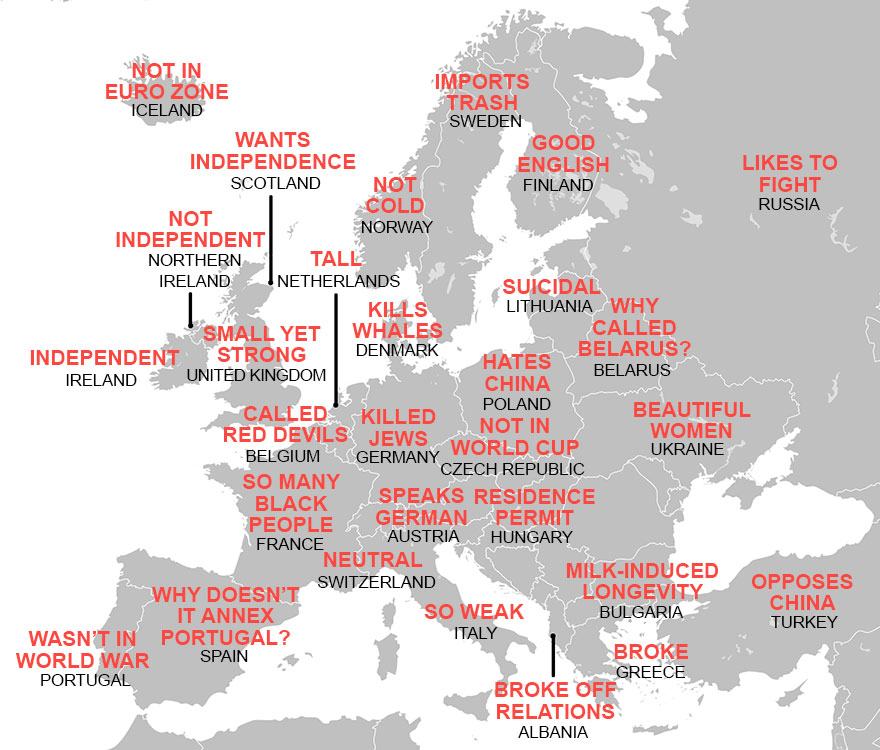 chinese google search sterotypes map 1 Powstała mapa, która pokazuje co Chińczycy sądzą o Europie
