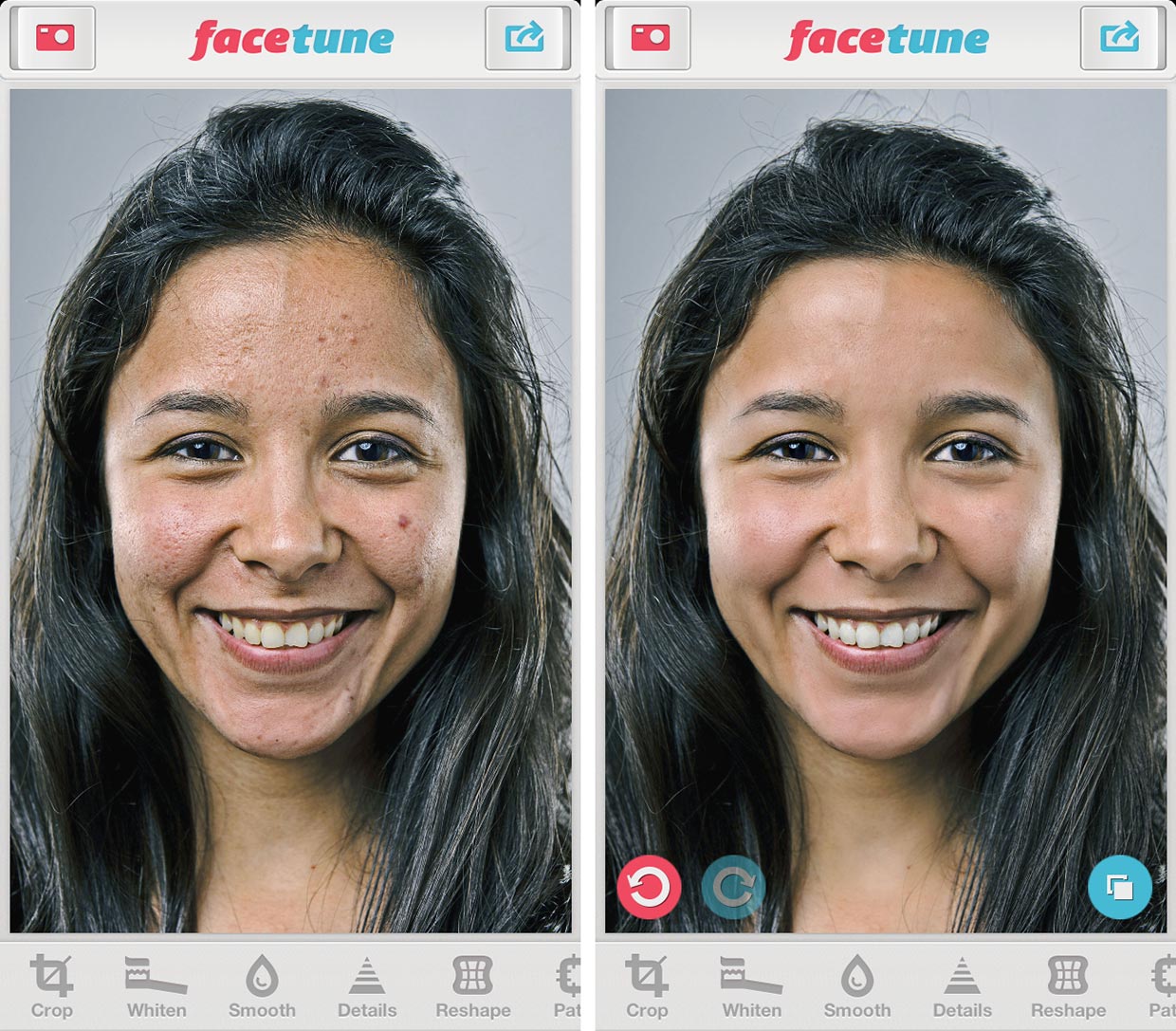 Po lewej zdjęcie dziewczyny o śniadej cerze z ciemnymi włosami z niedoskonałościami na twarzy, po prawej to samo zdjęcie po retuszu.