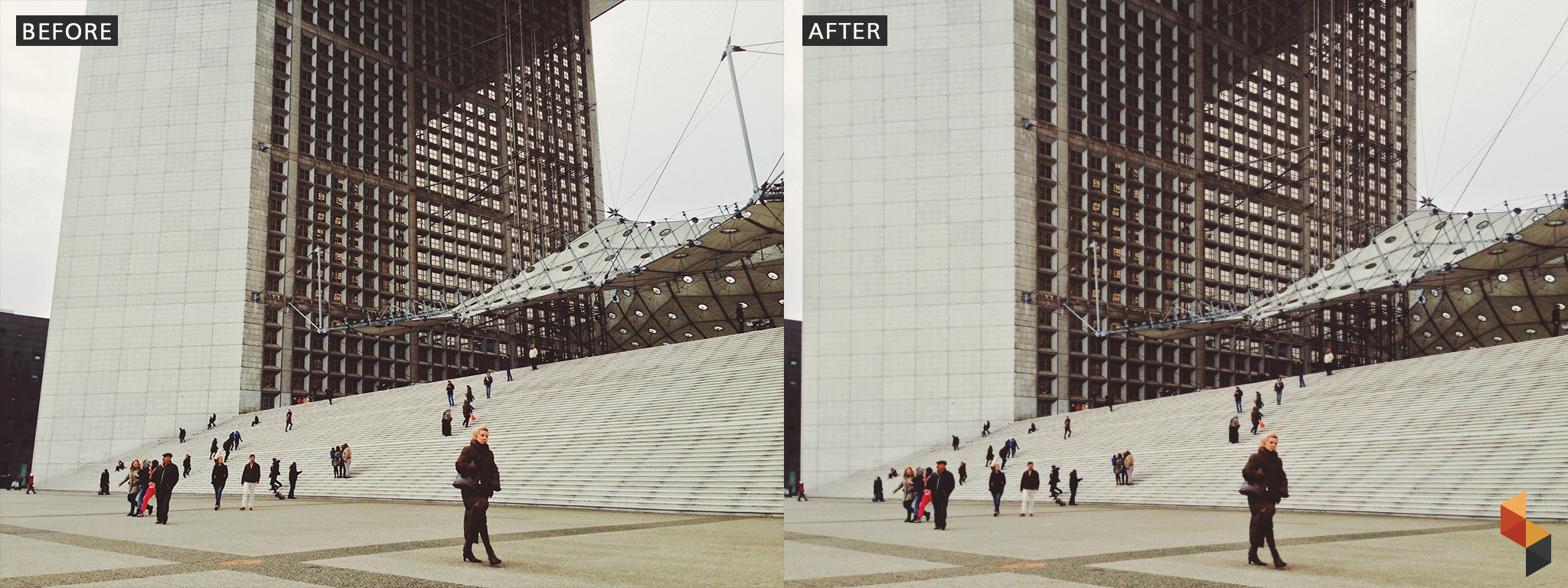 Po lewej zdjęcie nowoczesnego budynku, po prawej to samo zdjęcie po retuszu.