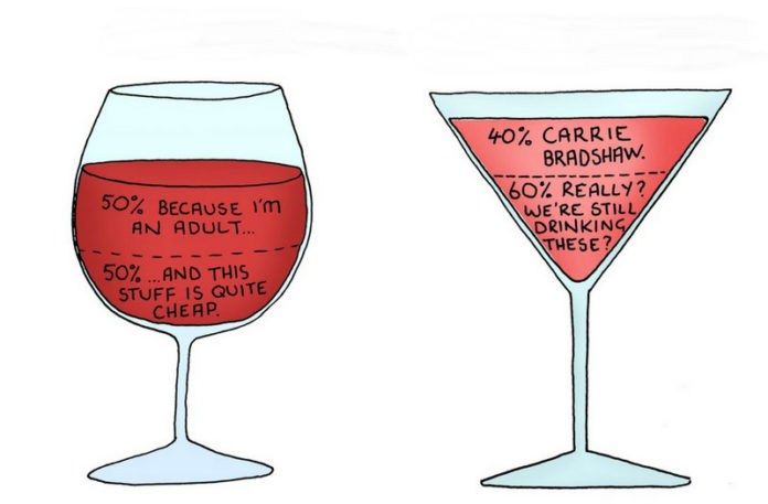 Dwie ilustracje przedstawiające kieliszek wina i kieliszek z drinkiem