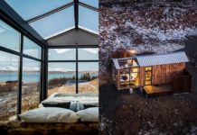 Dwie fotografie przdstawiające szklaną sypialnię i dom z zewnątrz
