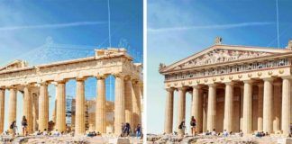 Dwa zdjęcia przedstawiające ruiny budynków