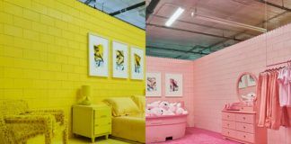 Dwa monochromatyczne pokoje: jeden cały żółty, drugi cały różowy
