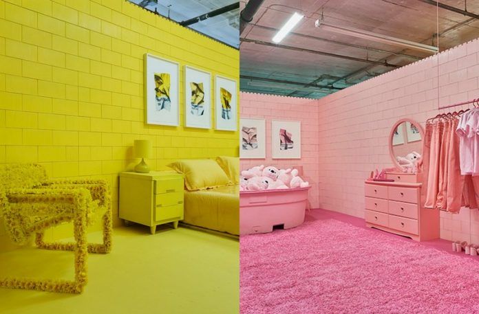 Dwa monochromatyczne pokoje: jeden cały żółty, drugi cały różowy