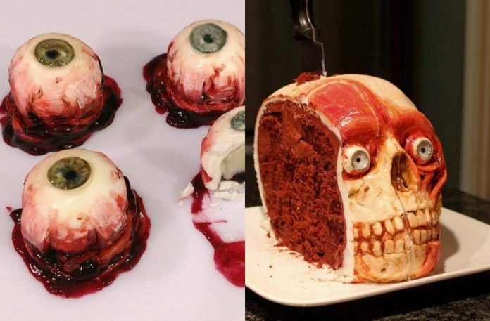 Ciastka w kształcie oczu i tort w kształcie ludzkiej czaszki