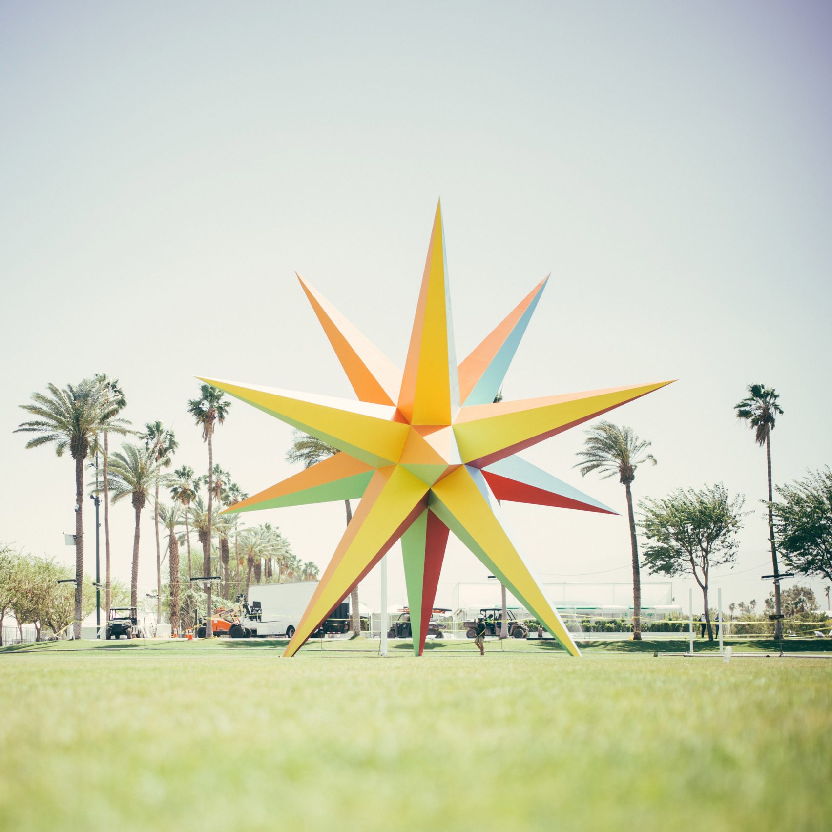 Wielokolorowa gwiazda na trawie, w tle palmy.