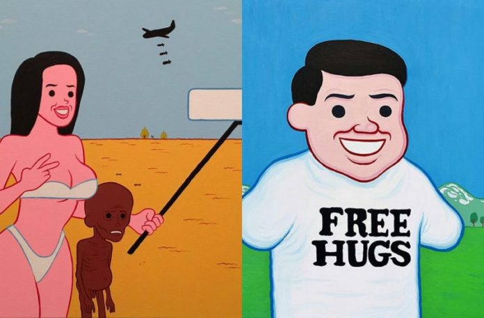 Dwie ilustracje: z prawej strony kobieta w bieliznie pozujaca z wychudzonym dzieckiem, drugie: mezczyzna w koszulce free hugs, bez rąk