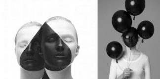 Dwa czarno-białe zdjęcia: na pierwszym dwie kobiety razem tworza symbol karcianego symbolu, na drugim kobieta ma głowę pomalowaną tak, by wyglądała jak balon