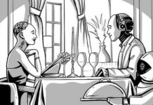 Rysnuek przedstawiający dwa ludzkie roboty na randce w restauracji