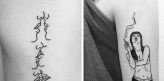 Dwa minimalistyczne tatuaże: jedno to trzy pary ust, które się całują; drugie to dziewczyna paląca papierosa