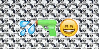 Ikony emoji przedstawiające broń, wodę i usmiechniętą buźkę