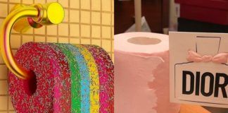 Papier toaletowy w kolorach tęczy z narysowaną posypką, a obok różowy papier toaletowy z napisem DIOR