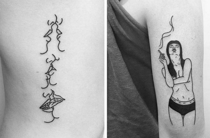 Dwa minimalistyczne tatuaże: jedno to trzy pary ust, które się całują; drugie to dziewczyna paląca papierosa