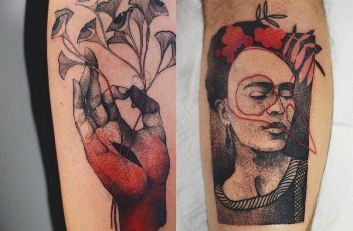 Dwa tatuaże: na jednym z dłoni wyrastają kwiaty, na drugim widzimy Fridę Kahlo