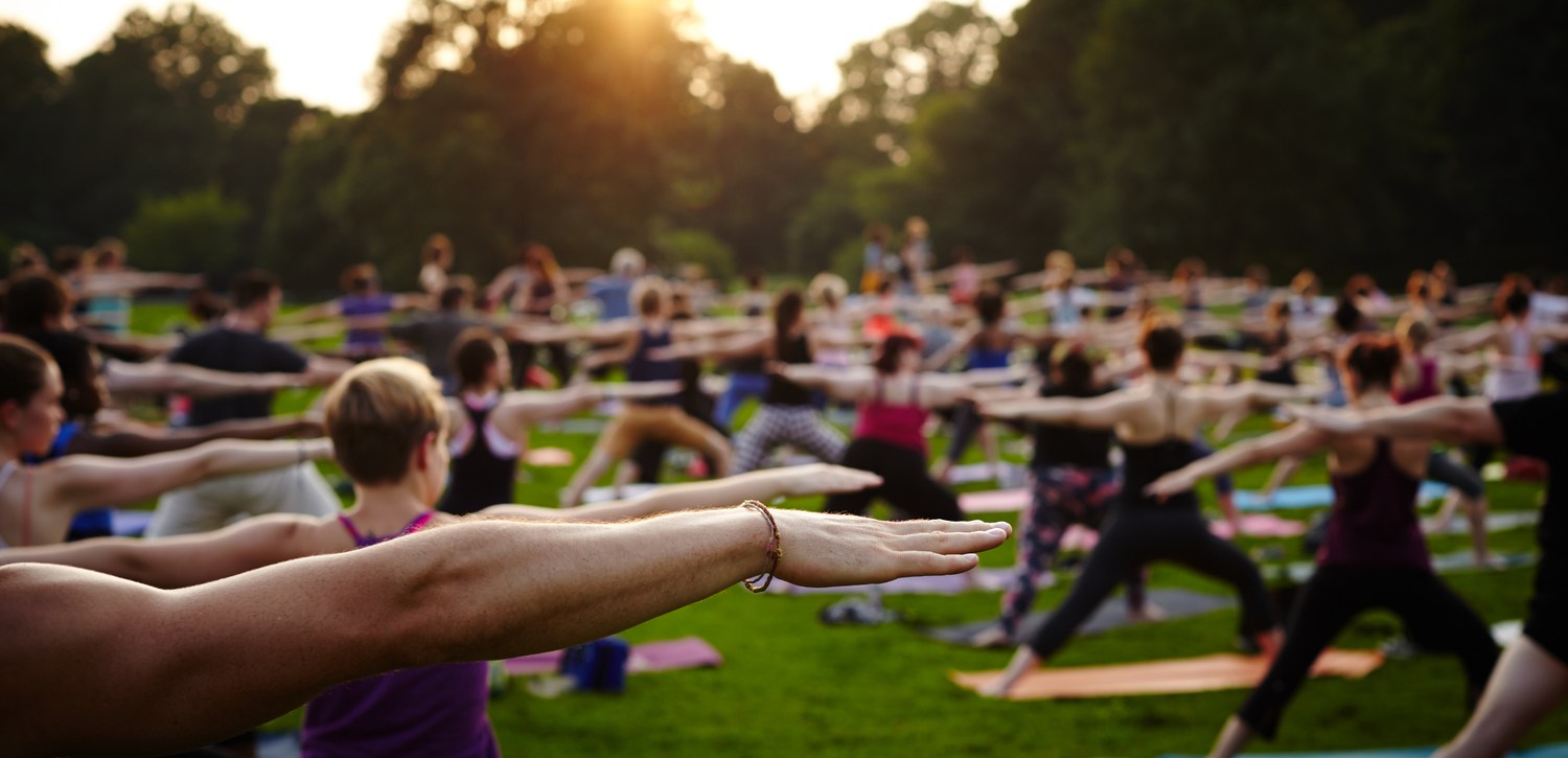 Grupa ludzi uprawiająca jogę w parku o zachodzie słońca.