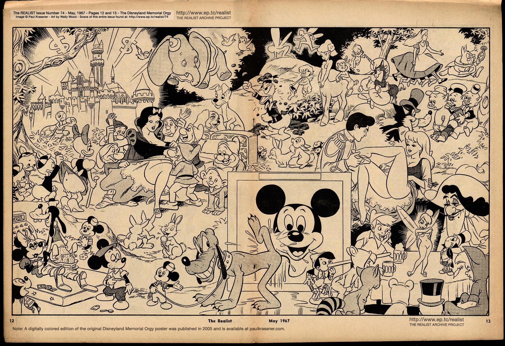 Czarno-biała rycina przedstawiające postacie Disneya