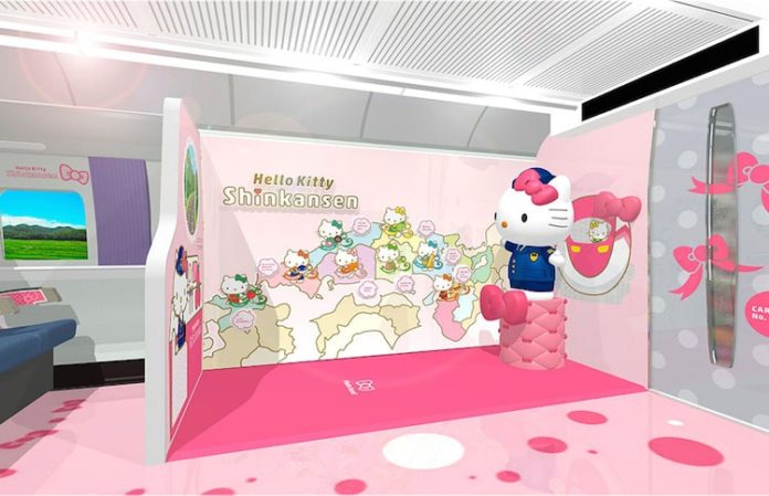 Wizualizacja wnętrza z różowymi ścianami i wizerunkami białego kota na ścianach.
