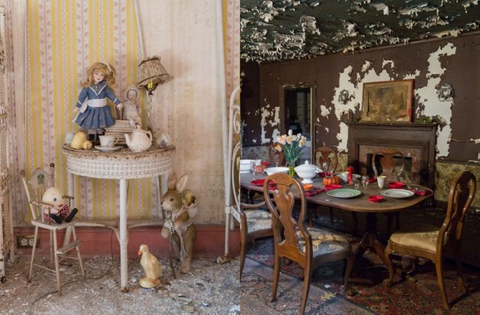 Dwa zdjęcia przedstawiające opusczony dom