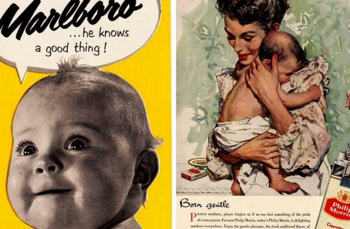 Dwie reklamy przedstawiające dzieci z papierosami