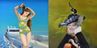 Dwa barokowe obrazy: jeden prezentuje kobietę w kostiumie kąpielowym, drugi kobietę ubraną na czarno z frytkami w dłoni