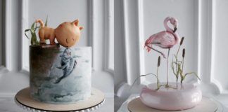 Dwa hiperrealistyczne torty: jeden z kotem, drugi z flamingiem