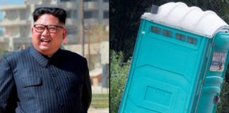Śmiejący się Koreańczyk i przenośna toaleta
