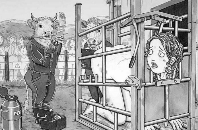 Czarno-biała ilustracja przedstawiająca kobietę w klatce i zwierzęta obok