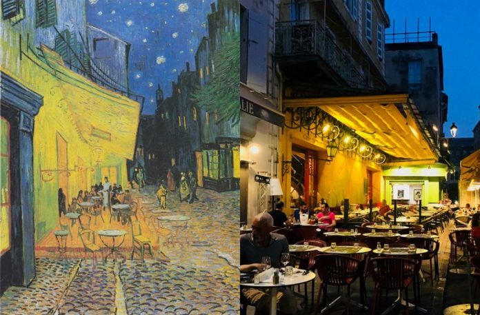 Obraz przedstawiający uliczkę nocą i to samo miejsce w realnym świecie