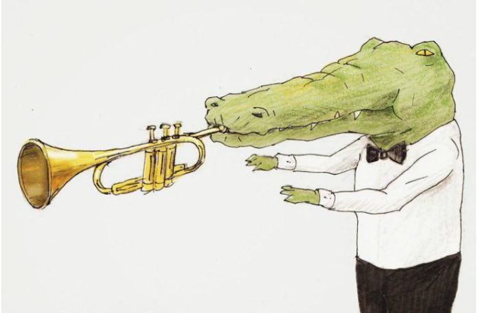 rysunek przedstawiający krokodyla próbującego grać na trąbce, ale z powodu długiego nosa nie jest w stanie