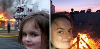 Po lewej mała dziewczynka na tle pożaru, po prawej ta sam dziewczyna kilka lat później na tle ogniska