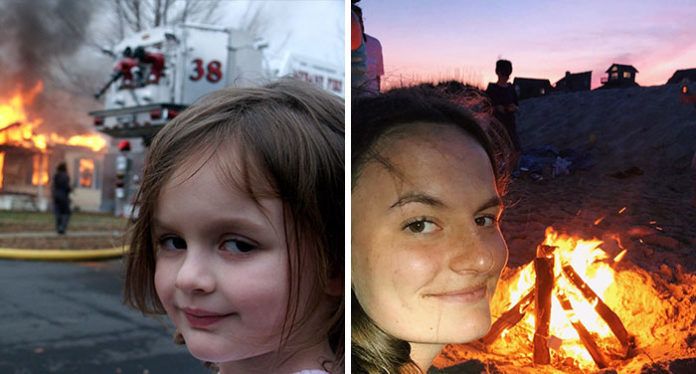 Po lewej mała dziewczynka na tle pożaru, po prawej ta sam dziewczyna kilka lat później na tle ogniska