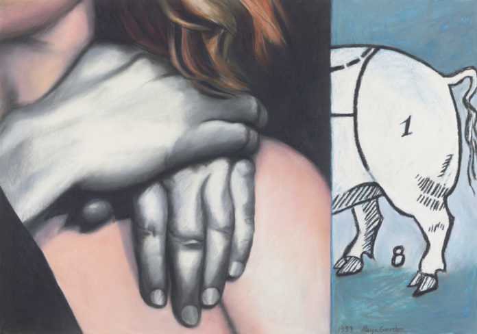 Obraz w pastelowych barwach, podzielony na dwie części. Na lewej części obrazu widać ramię kobiety,trochę rudych włosów i zarzucone białe ręce,mocno cieniowane. Na prawej części obrazu znajduje się rysunkowy tył zwierzęcia z ogonem, tło jest niebieskie.