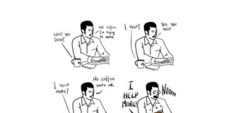 Komiks przedstawiającyy człowieka i kawę
