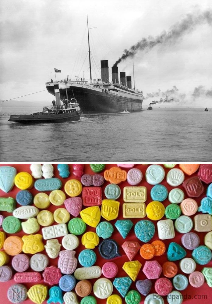 Statek na morzu i kolorowe tabletki
