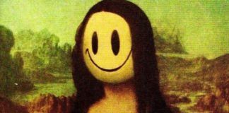 na obrazie znajduje się kobieta z uśmiechniętą, żółtą buzią zamiat twarzy