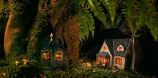 Miniaturowe domki w lesie