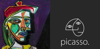 Obraz Pabla Picasso i jego logotyp na czarnym tle