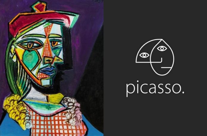 Obraz Pabla Picasso i jego logotyp na czarnym tle