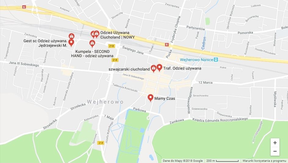 mapa przedstawiająca rozmieszeczenie sklepów z odzieżą używaną w Wejherowie