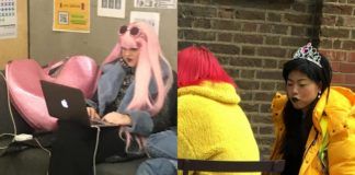 Dziewczyna w różowych włosach przy komputerze i dziewczyna w żółtej kurtce i koronie